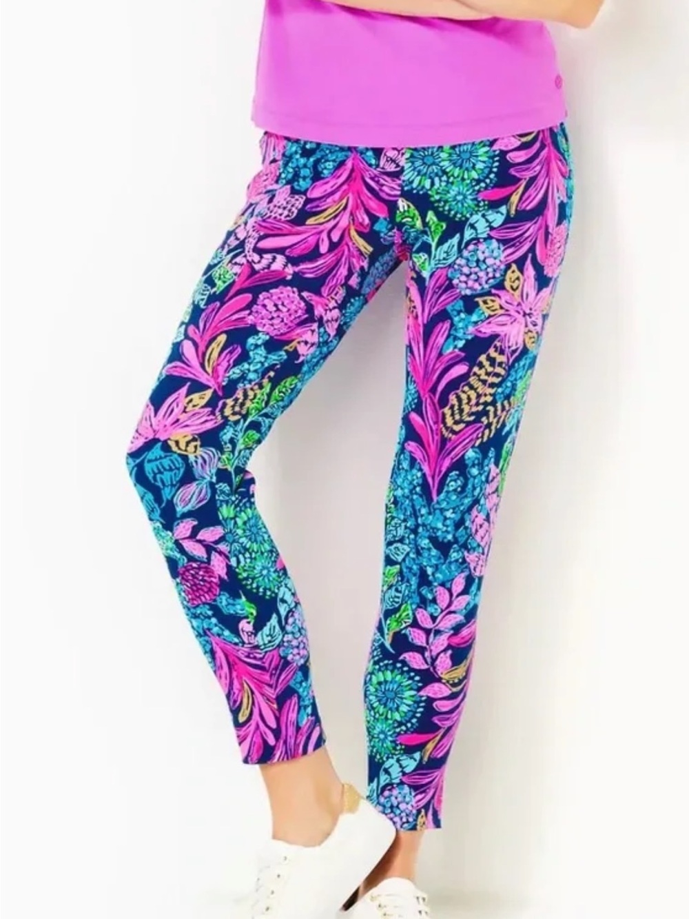 Lilly Pulitzer Navy Floral Cropped Pants with Pink & Aqua Accents